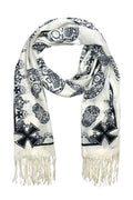 Scarf Sugar Skull Madness: Scarf Sugar Skull Madness

White with Black Sugar Skulls Design
Fringe on Sides
28"W x 72"L
Style