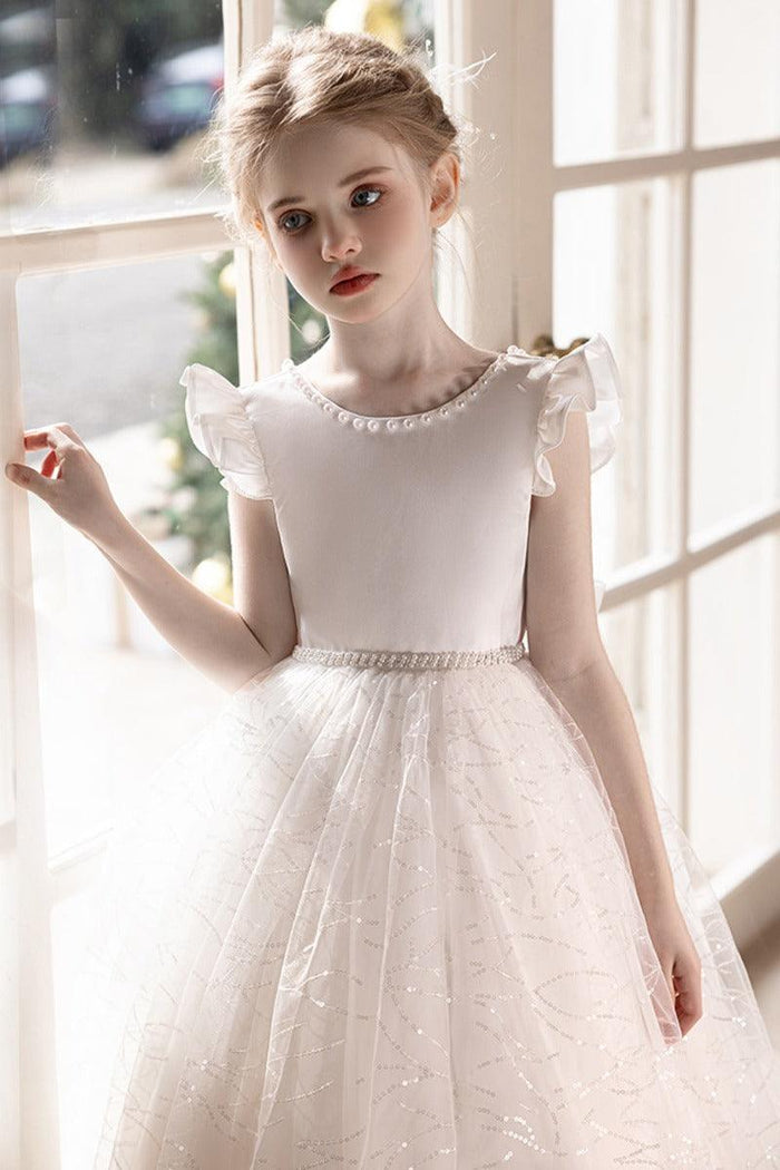 Sequin Tulle Ruffle Sleeves Pearl V-Back Bow Flower Girl Dresses 915170698367
