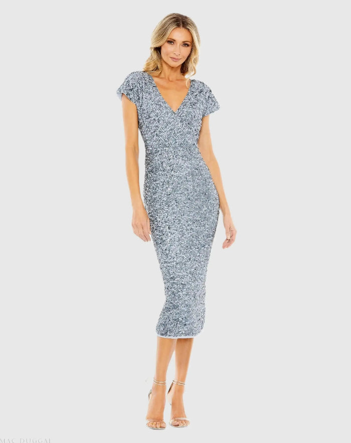Blue Sequined Cap Sleeve Wrap Over Cocktail Dress - Mac Duggal