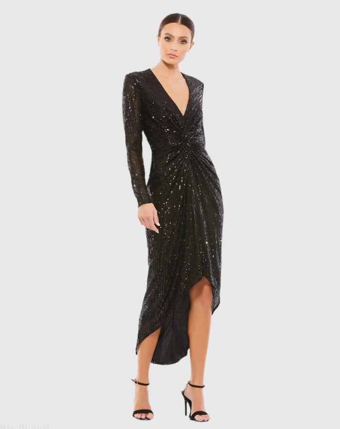 Black Sequined High Low Front Twist Midi Dress - Mac Duggal