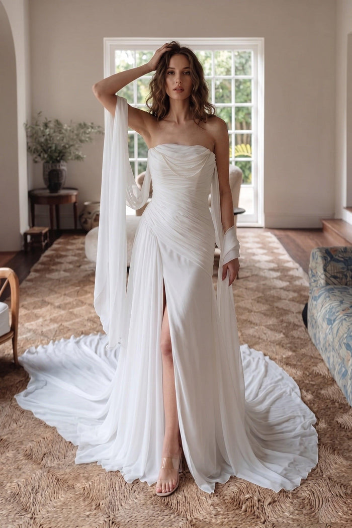 Sheath-Column Chapel Train Chiffon Wedding Dress CW3592