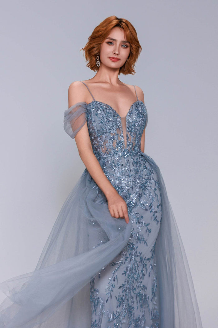 Sheath-Column Maxi Tulle Prom Dress CS1071 - COCOMELODY