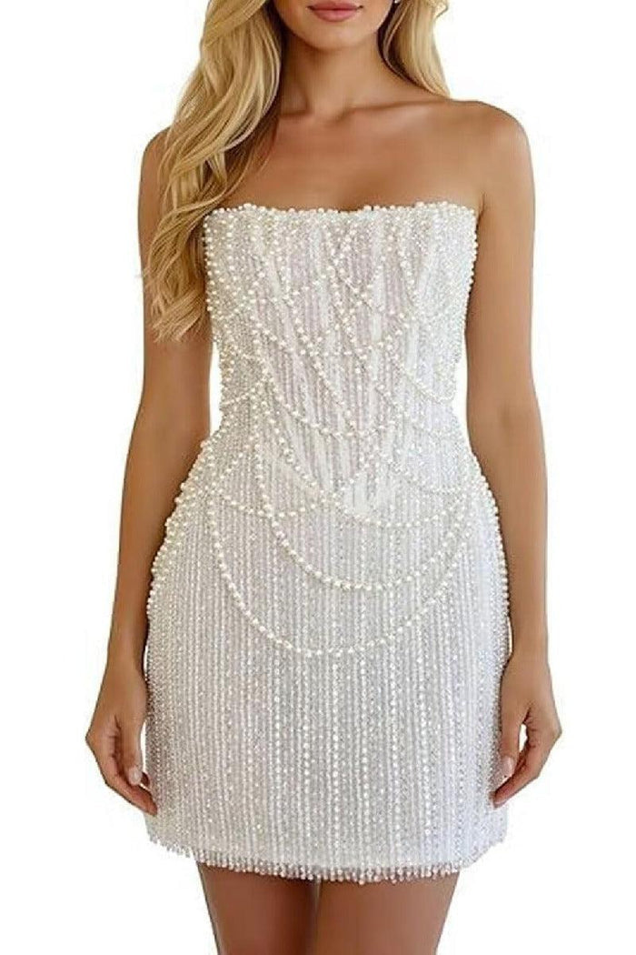 Sheath-Column Strapless Short Pearls Sequin Dress CS1075CR