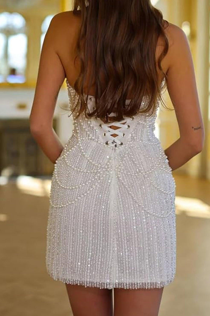 Sheath-Column Strapless Short Pearls Sequin Dress CS1075CR