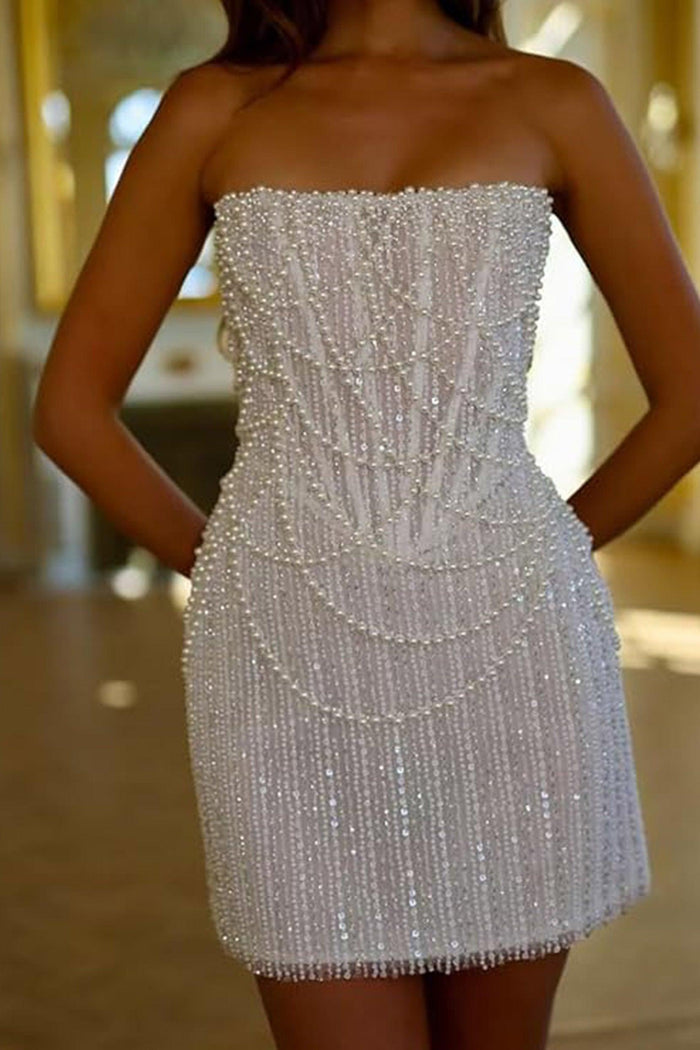 Sheath-Column Strapless Short Pearls Sequin Dress CS1075CR