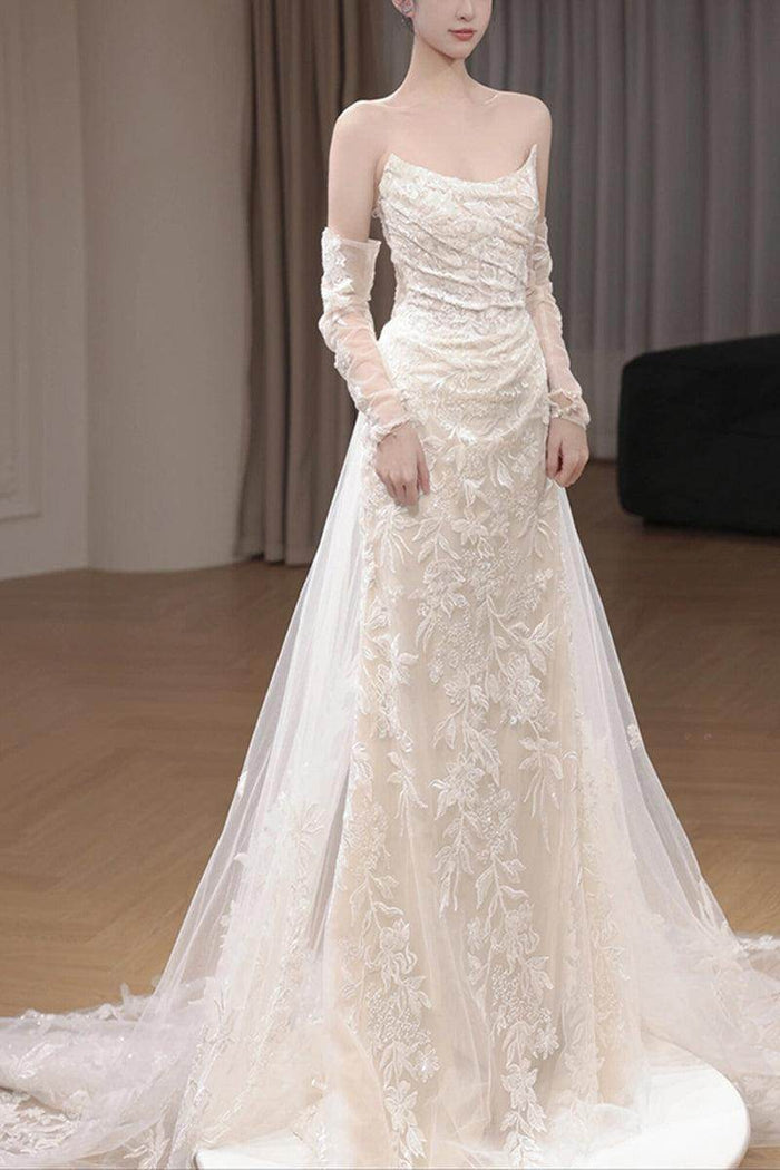 Sheath-Column Sweep-Brush Train Lace Tulle Wedding Dress 774886646233 - COCOMELODY