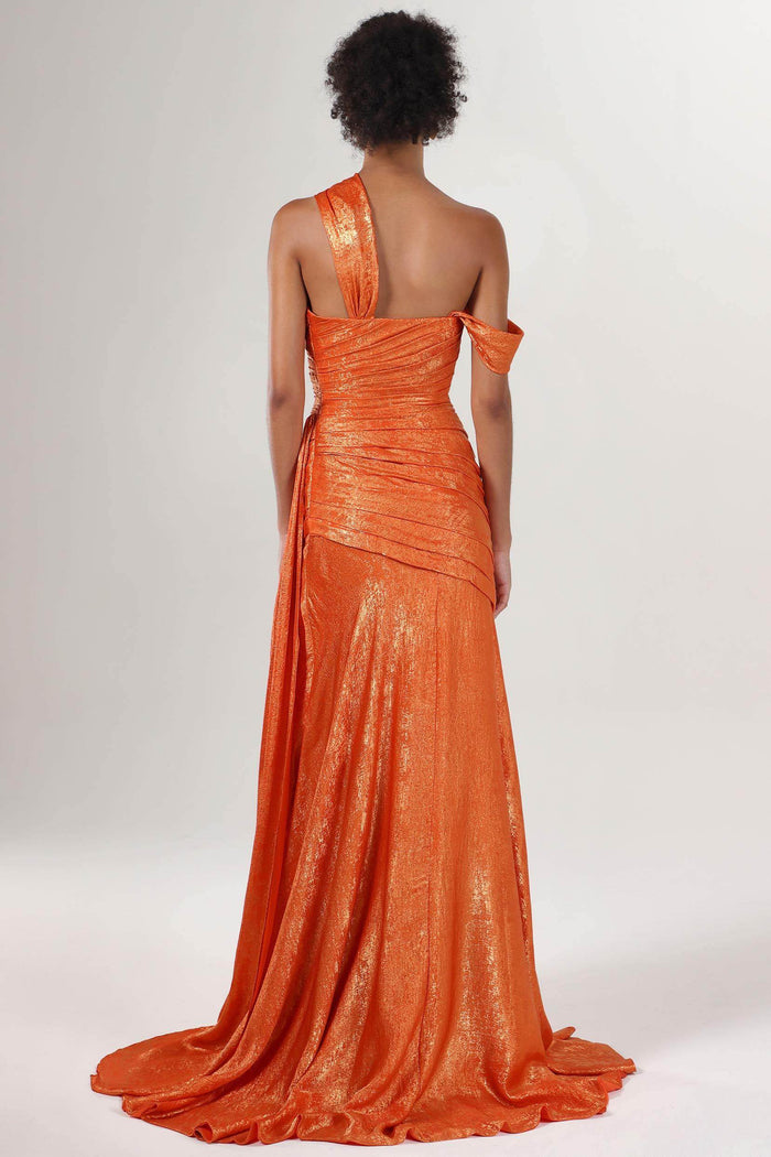Sheath-Column Sweep-Brush Train Metallic Formal Dress CS0641 - COCOMELODY