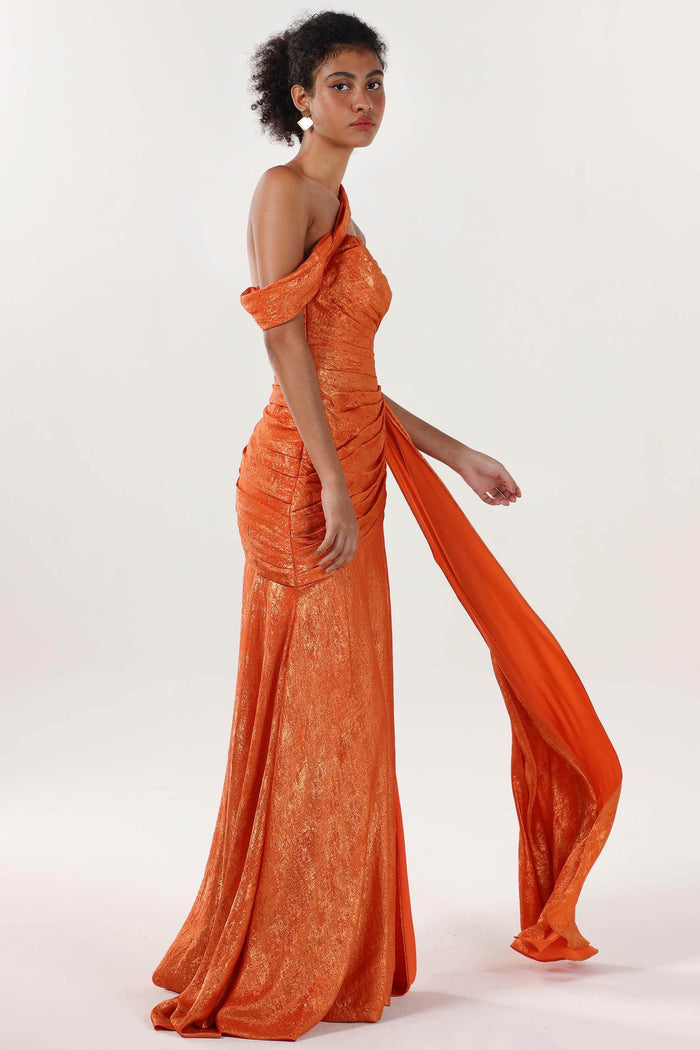 Sheath-Column Sweep-Brush Train Metallic Formal Dress CS0641 - COCOMELODY