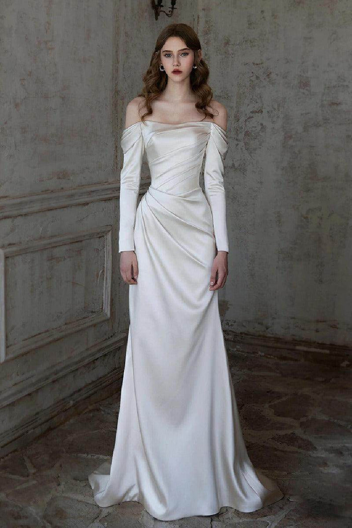 Sheath-Column Sweep-Brush Train Satin Wedding Dress 851237427674 - COCOMELODY