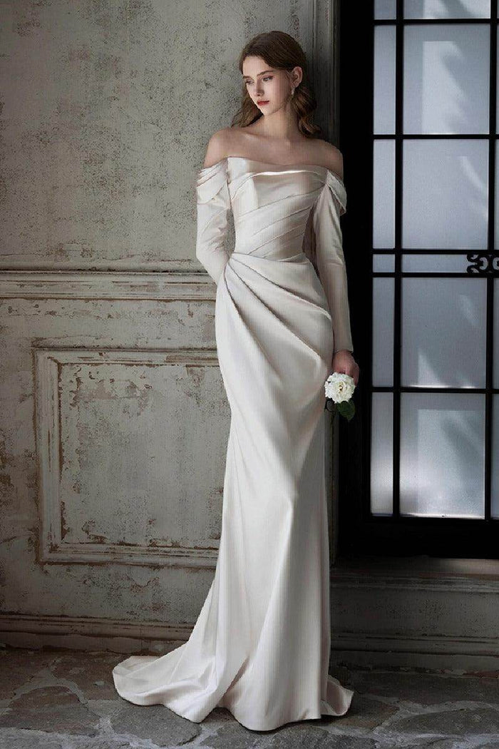 Sheath-Column Sweep-Brush Train Satin Wedding Dress 851237427674 - COCOMELODY