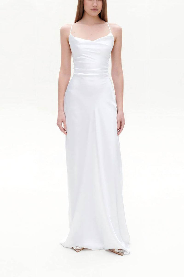 Sheath-Column Sweep-Brush Train Silk-Like Little White Dress 100044 - COCOMELODY