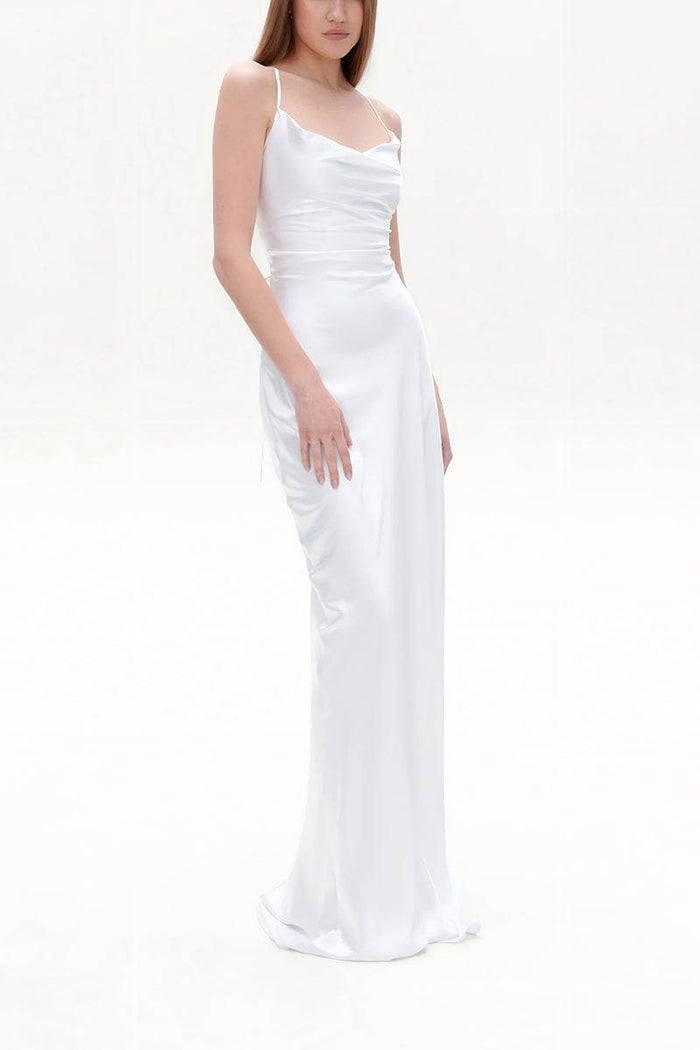 Sheath-Column Sweep-Brush Train Silk-Like Little White Dress 100044 - COCOMELODY
