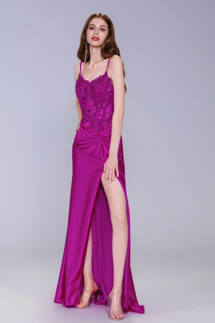 Sheath-Column Sweep-Brush Train Stretch Satin Prom Dress CS1051 - COCOMELODY
