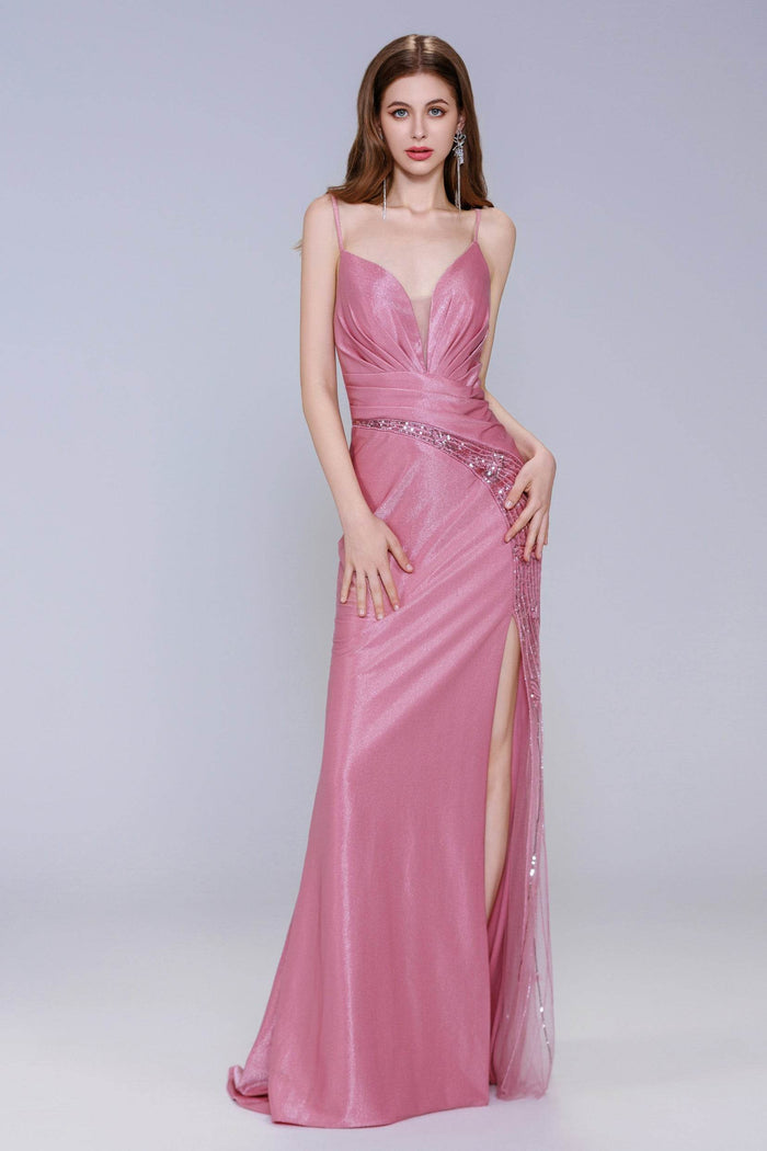 Sheath-Column Sweep-Brush Train Stretch Satin Prom Dress CS1054 - COCOMELODY