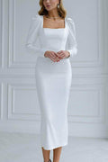 Sheath-Column Tea Length Satin Little White Dress 100039 - COCOMELODY