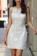 Sheath Mini Lace Wedding Dress with Illusion Neckline CW3393 - COCOMELODY