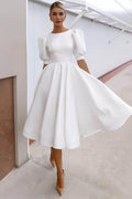 Short Sleeve Satin Tea-Length Little White Dress CW3384 - COCOMELODY
