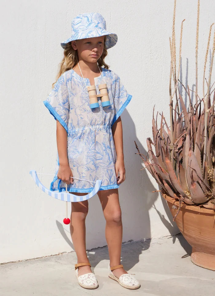 Kids Dresses Marie Raxevsky Sleeveless Pom Pom Caftan Thalassa Blue Apoella