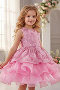 Sleeveless Round Neck Rosette Sequin Organza Flower Girl Dresses 1028863502898