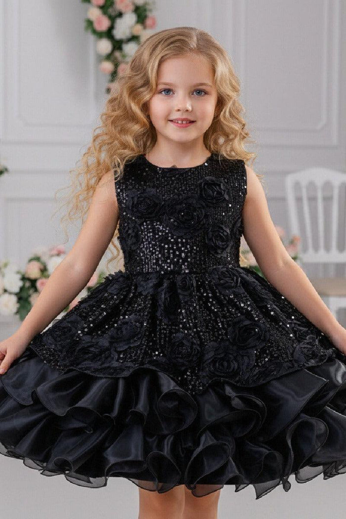 Sleeveless Round Neck Rosette Sequin Organza Flower Girl Dresses 1028863502898