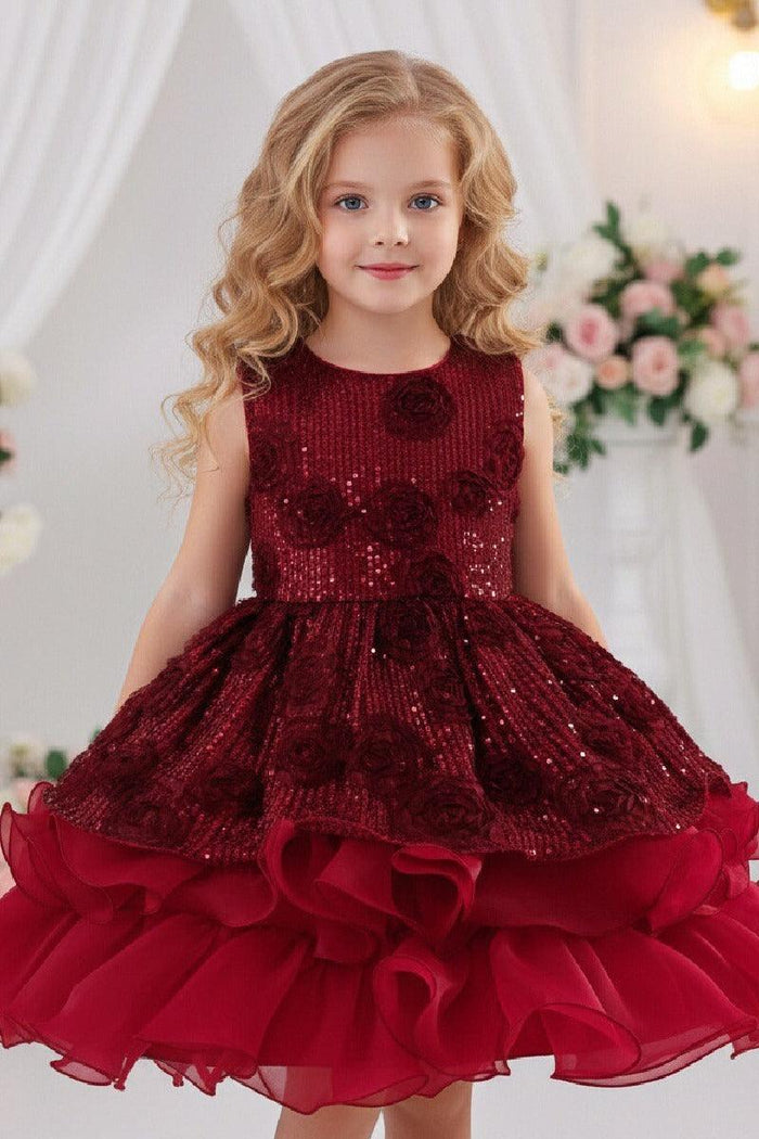 Sleeveless Round Neck Rosette Sequin Organza Flower Girl Dresses 1028863502898