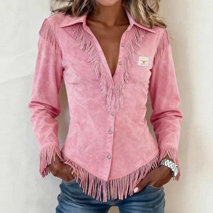 Solène │ Fringe Suede Button-Up Blouse