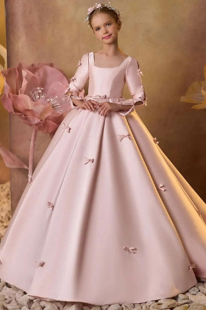 Square Neck Mini Bow Applique Satin Flower Girl Dresses 673032897062