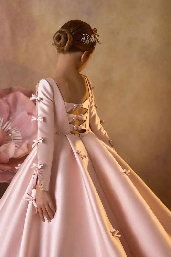 Square Neck Mini Bow Applique Satin Flower Girl Dresses 673032897062