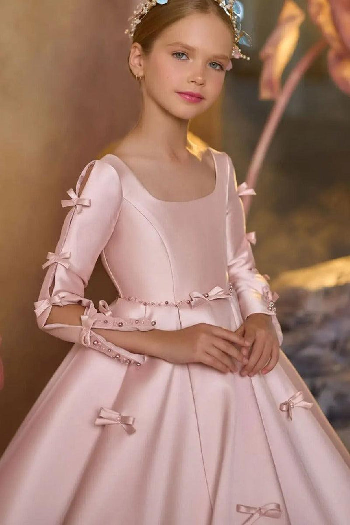 Square Neck Mini Bow Applique Satin Flower Girl Dresses 673032897062
