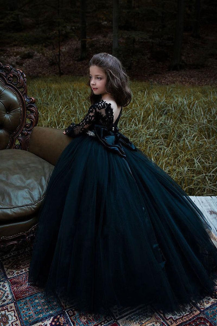 Sweetheart Illusion Neck Lace Long Sleeve Tulle Flower Girl Dresses 617804439666