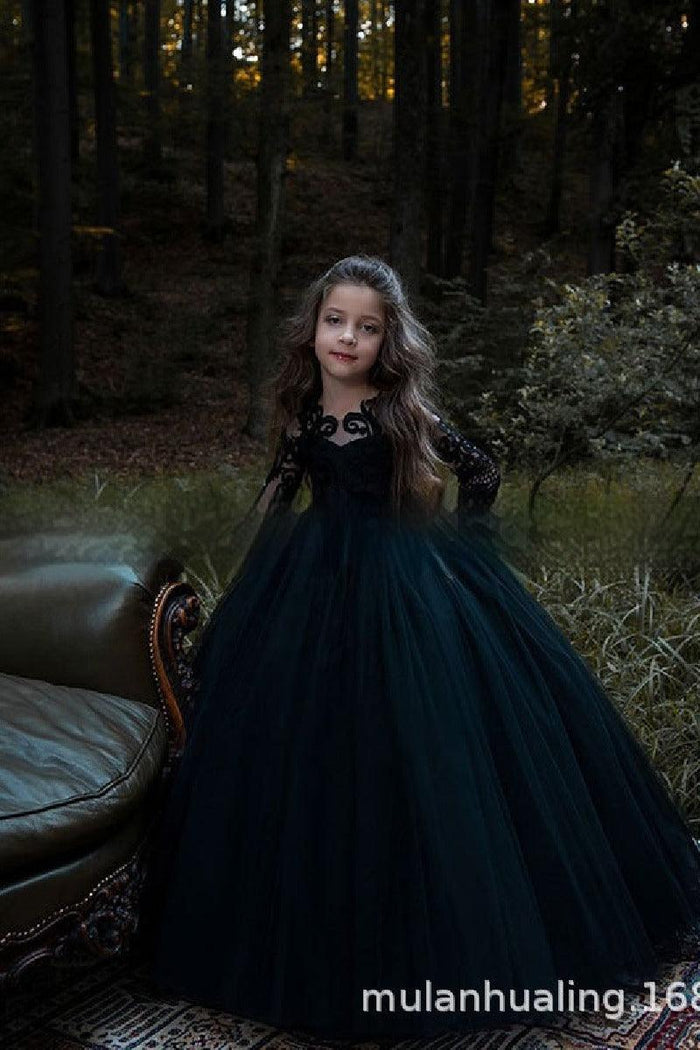 Sweetheart Illusion Neck Lace Long Sleeve Tulle Flower Girl Dresses 617804439666