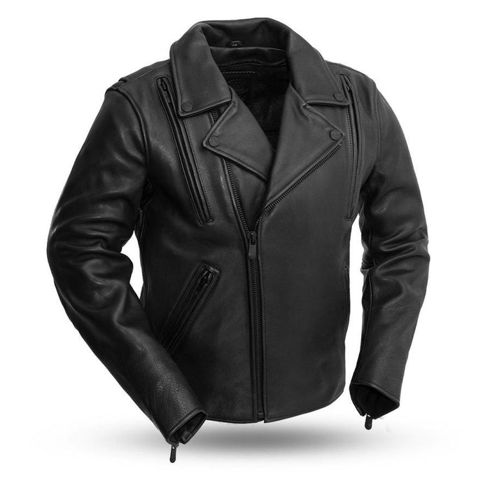 Eagle Leather Tall Night Rider jacket in 1.3-1.4 mm platinum cowhide with snap-down lapel, collar, and asymmetrical zipper