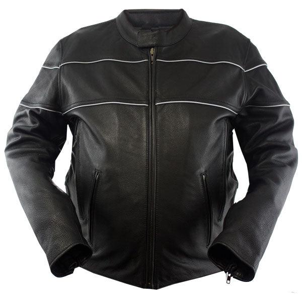 Eagle Leather Tall Reflective jacket in 1.2-1.3 mm cowhide with reflective piping across the chest and back