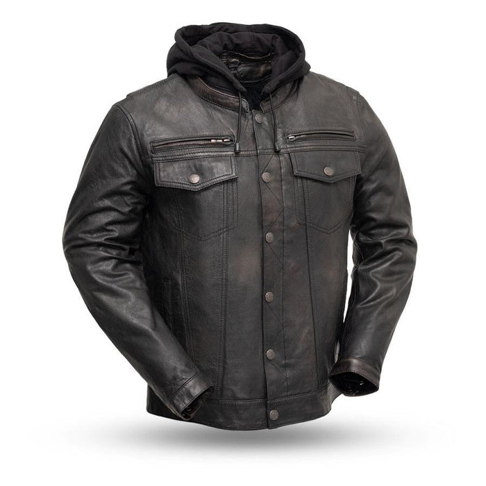 Eagle Leather Tall Vendetta hooded jacket in 0.8-0.9 mm sheep Dutch leather with banded collar and cropped center zipper