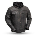 Eagle Leather Tall Vendetta hooded jacket in 0.8-0.9 mm sheep Dutch leather with banded collar and cropped center zipper