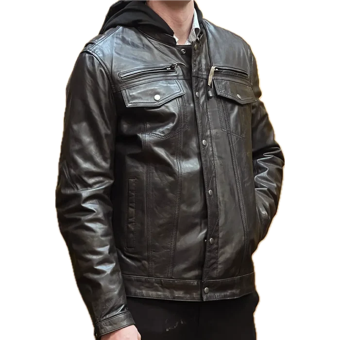 Front view of the Eagle Leather Tall Vendetta hooded motorcycle jacket