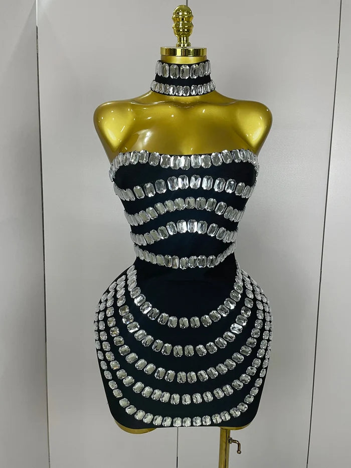 Sparkly rhinestones strapless mini bandage bodycon dress, backless women’s 2025 fashion for birthday, evening, and club parties.