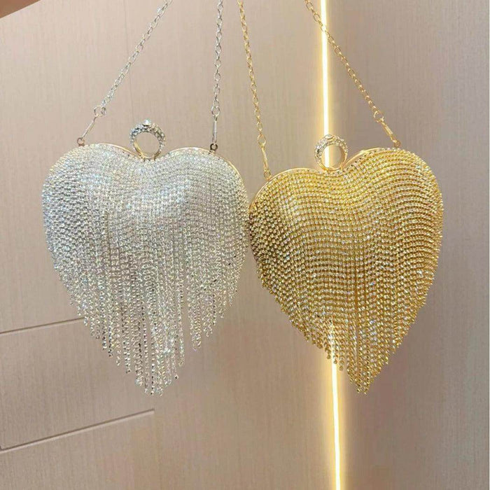 Tasseled rhinestone bag Party diamond hand bag A socialite hand skew straddle dinner bag 760609227630 - COCOMELODY