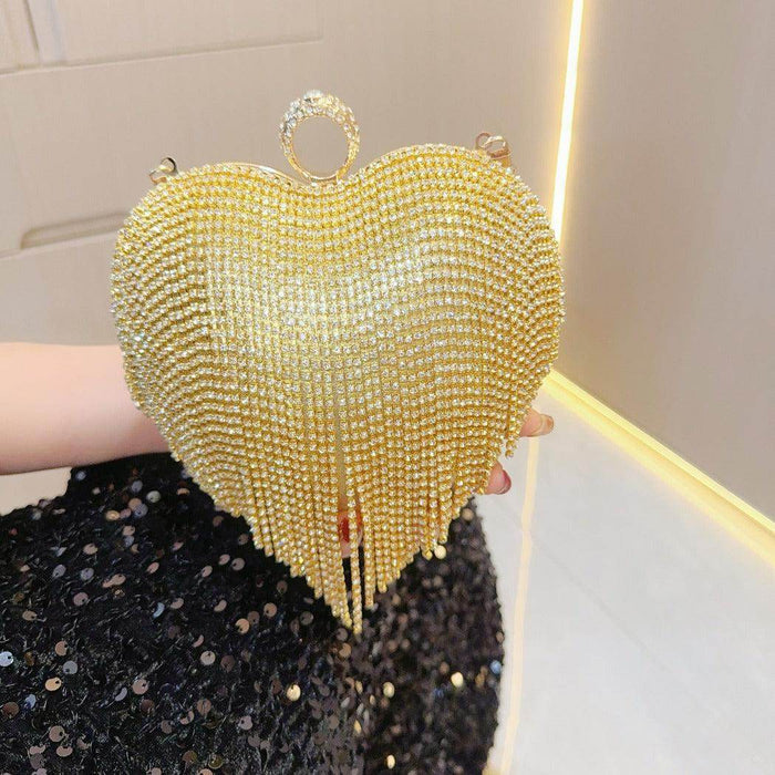 Tasseled rhinestone bag Party diamond hand bag A socialite hand skew straddle dinner bag 760609227630 - COCOMELODY