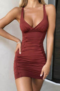 Trendy V-neck backless pleated hip wrap cocktail dress 646326947519 - COCOMELODY