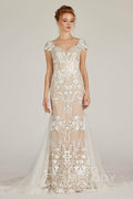 Trumpet Court Train Lace Knitted Fabric Wedding Dress CW2129CR - COCOMELODY
