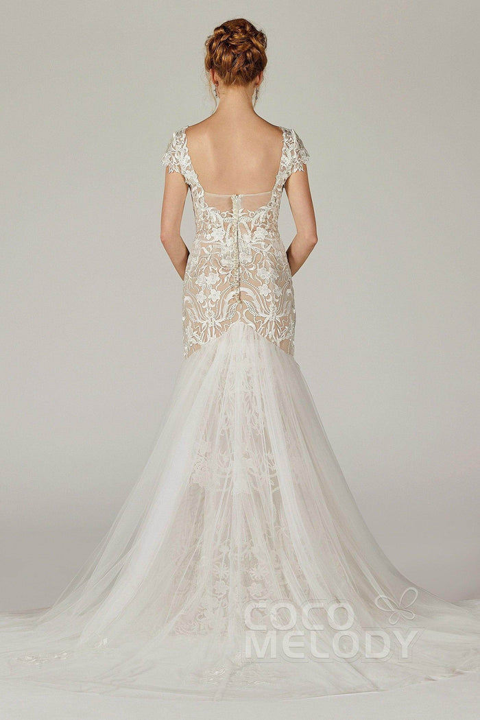 Trumpet Court Train Lace Knitted Fabric Wedding Dress CW2129CR - COCOMELODY