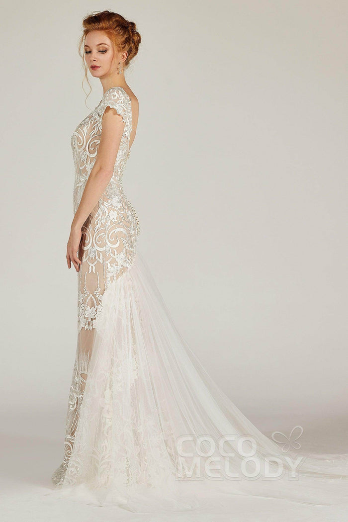 Trumpet Court Train Lace Knitted Fabric Wedding Dress CW2129CR - COCOMELODY
