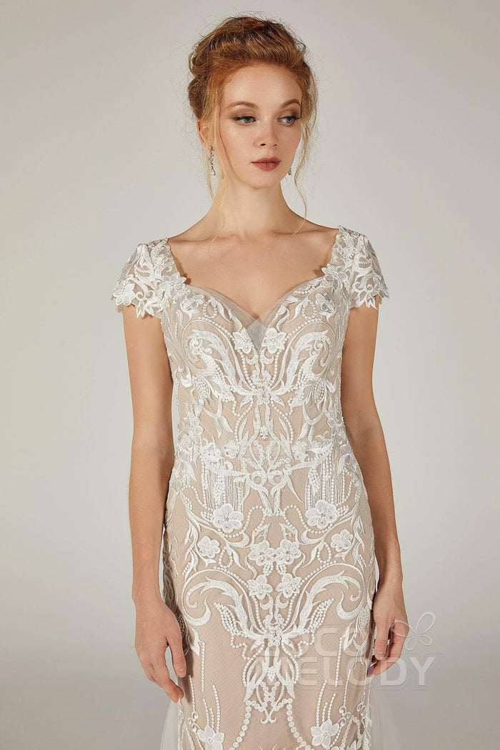 Trumpet Court Train Lace Knitted Fabric Wedding Dress CW2129CR - COCOMELODY