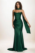 Trumpet-Mermaid Sweep-Brush Train Luxe Satin Wedding Guest Dress Neck Scarf Strapless Lace-Up Corset Formal Evening Dress COCOMELODY CG0301