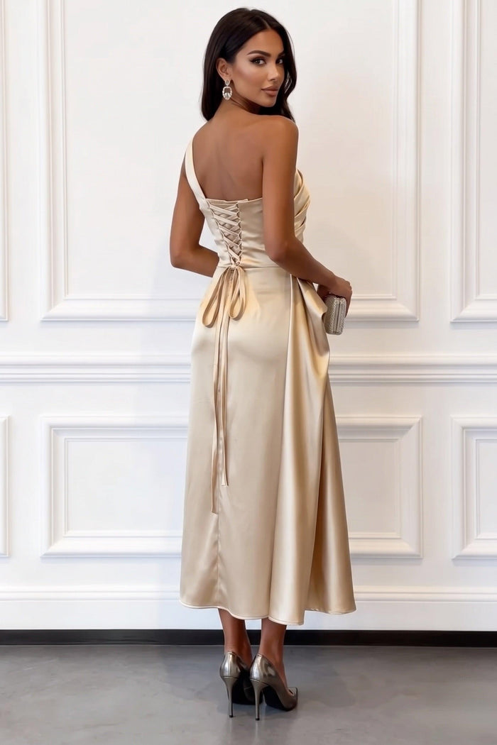 Trumpet-Mermaid Tea Length Satin Wedding Guest Dress 1033914017182CR