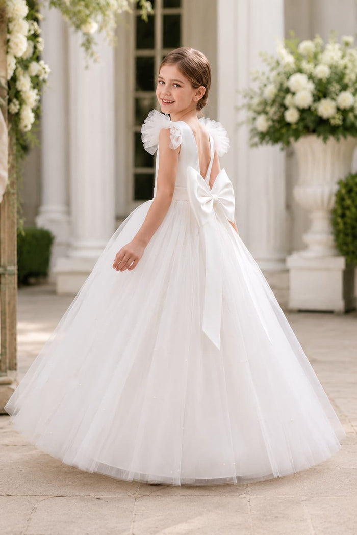 Tulle Flutter Cap Sleeves Big Bow Floor Length Flower Girl Dresses 907809929481