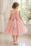 Tulle Pearl Bow Back Knee Length Ruffle Cap Sleeve Flower Girl Dresses 652115065250