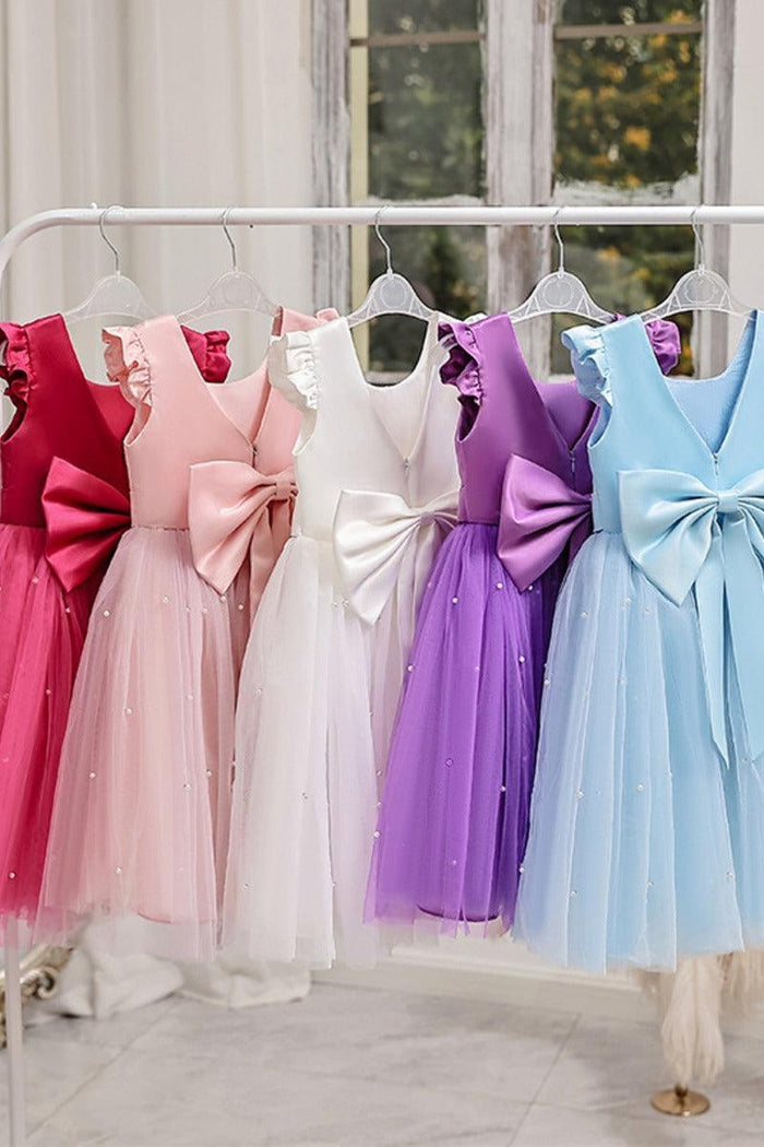 Tulle Pearl Bow Back Knee Length Ruffle Cap Sleeve Flower Girl Dresses 652115065250