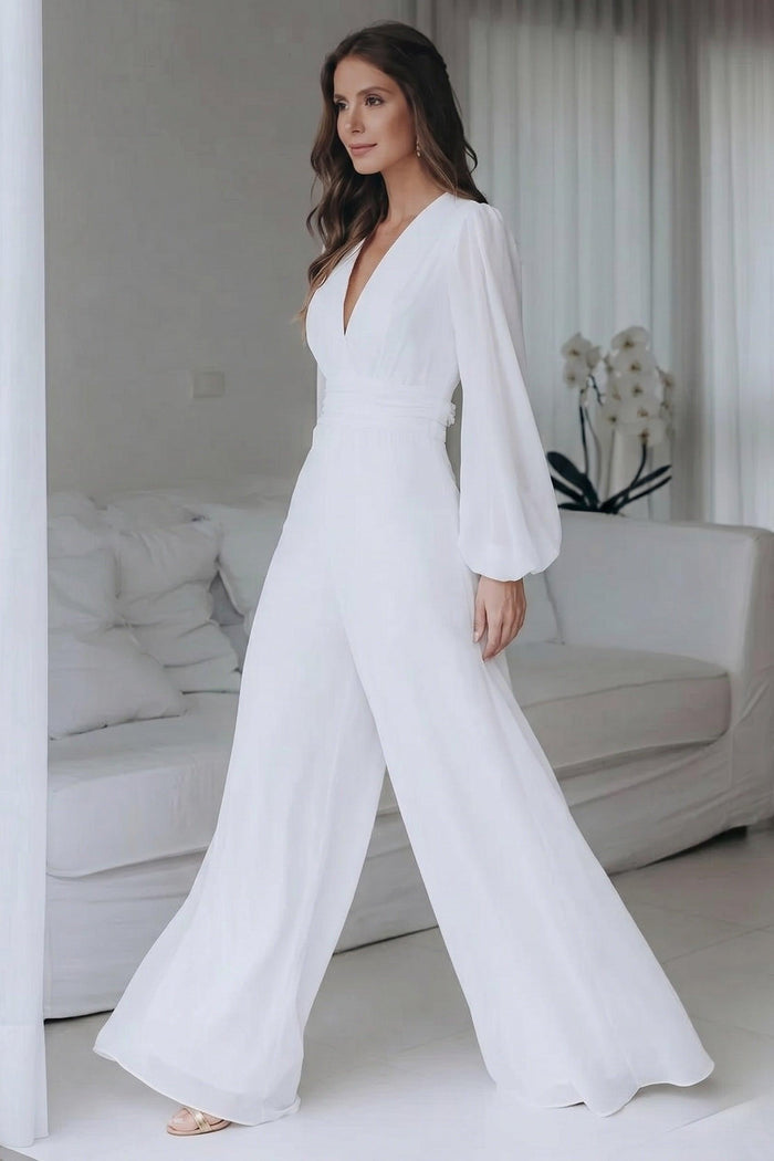 V-Neck Floor Length Chiffon Wedding Jumpsuit CW3573